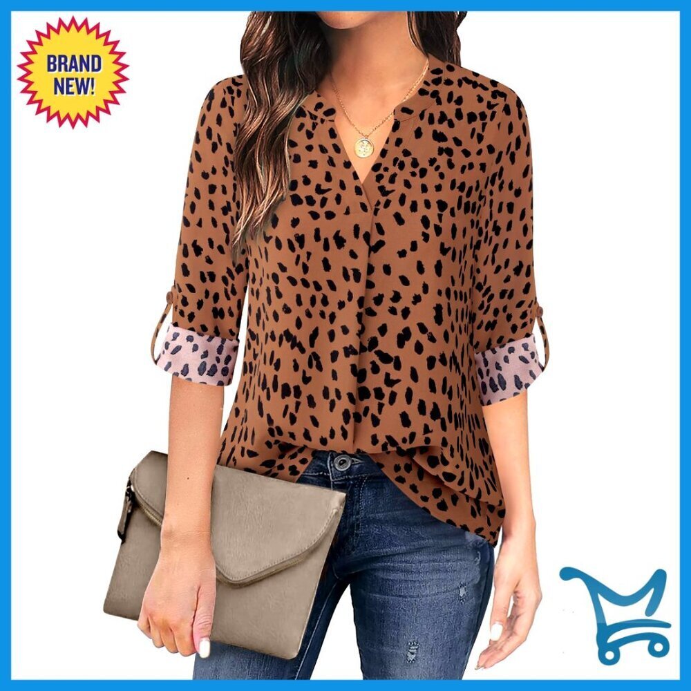 Chiffon V-Neck 3/4 Sleeve Blouse, Wrinkle-Free Button-Down Top